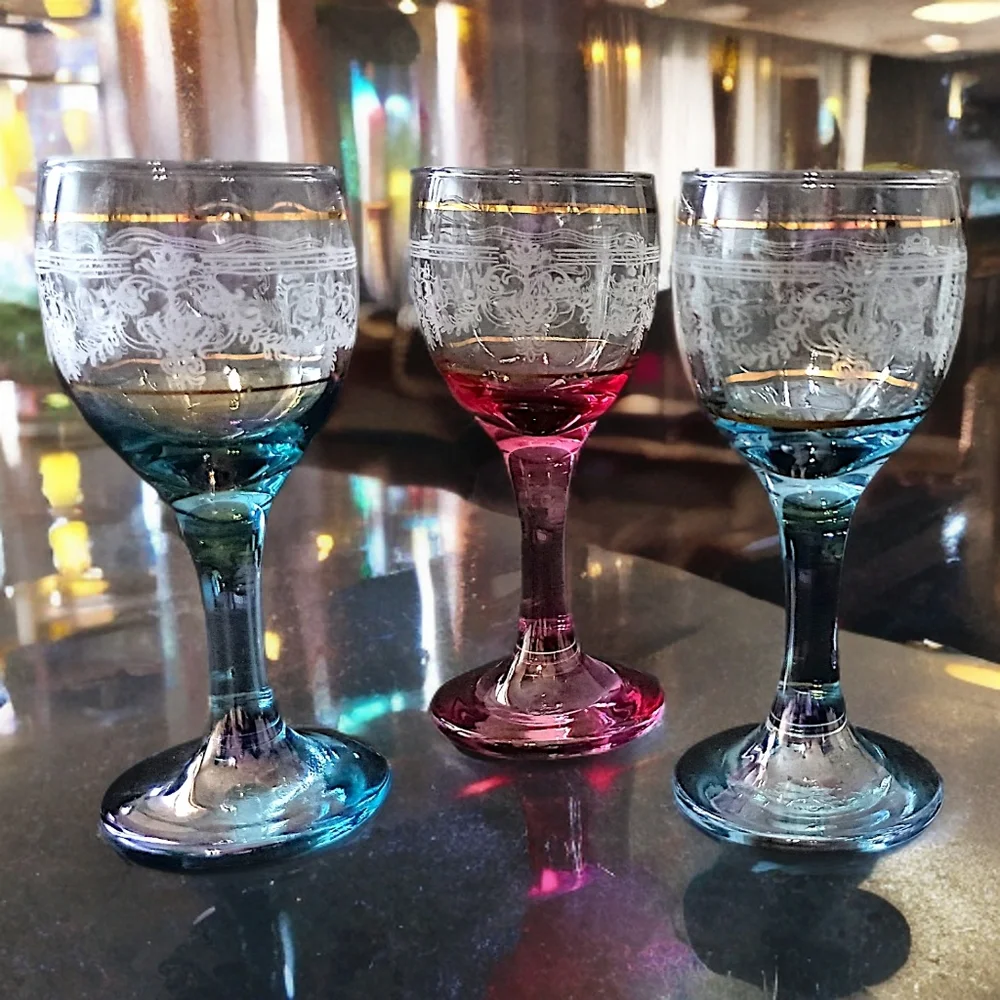 3 Chatel Gold Cristal D'Arques Cordial Glasses‎ Durand Iridescent Cranberry Blue